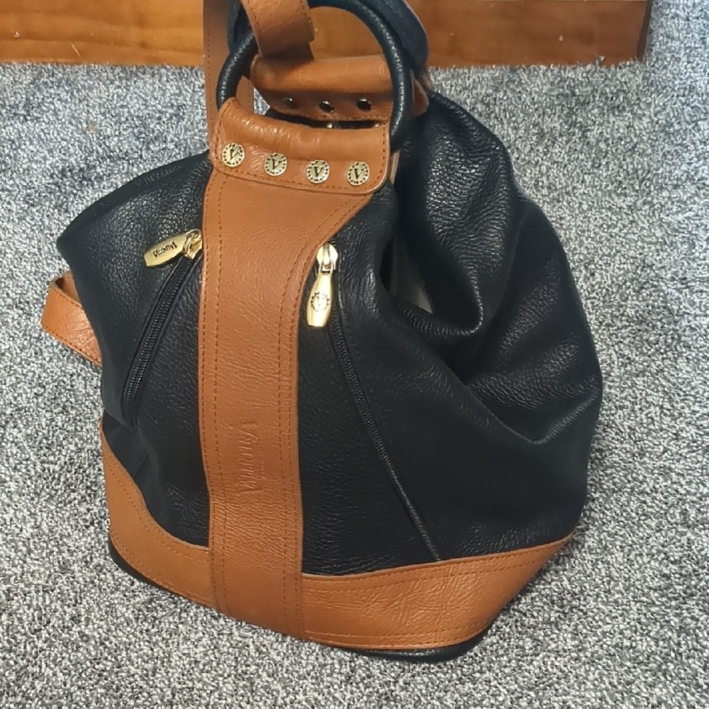 Valentina Made In Italy Leather Sling Bag Brown Black Gold Hardware Purse Nice!